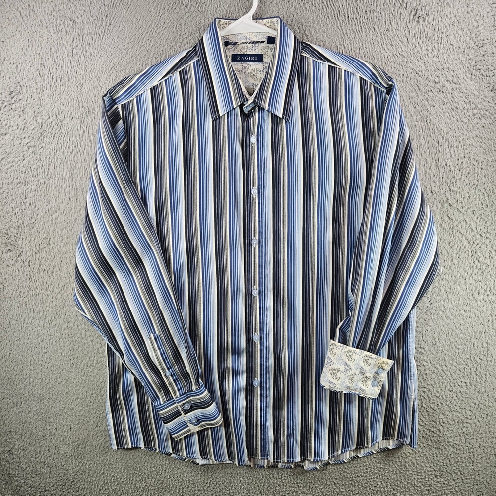Zagiri Mens XL Long Sleeve Button Down‎ Shirt Blue White Striped Floral Cuffs